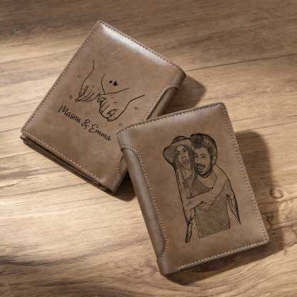 Personalized Men's Leather Wallet with Photo Couple's Pinky Promise Trifold Wallet
