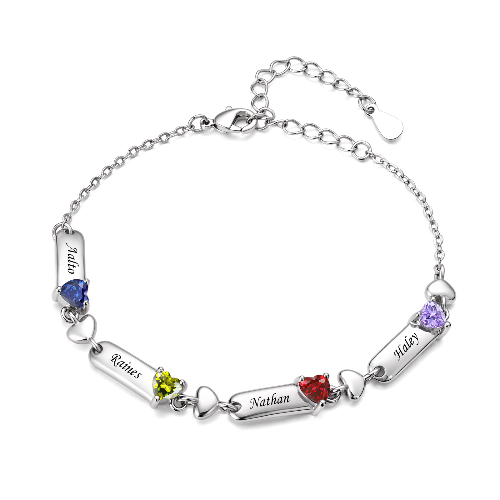 Personalized Birthstones Bracelet Customized With 1-6 Names And Heart-Shaped Stones Gift For Mom Or Grandma