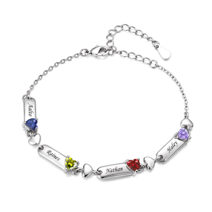 Personalized Birthstones Bracelet Customized With 1-6 Names And Heart-Shaped Stones Gift For Mom Or Grandma