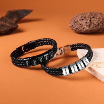 Personalized Braided Leather Bracelet Engraved 5 Names Men's Bracelet Gifts For Him