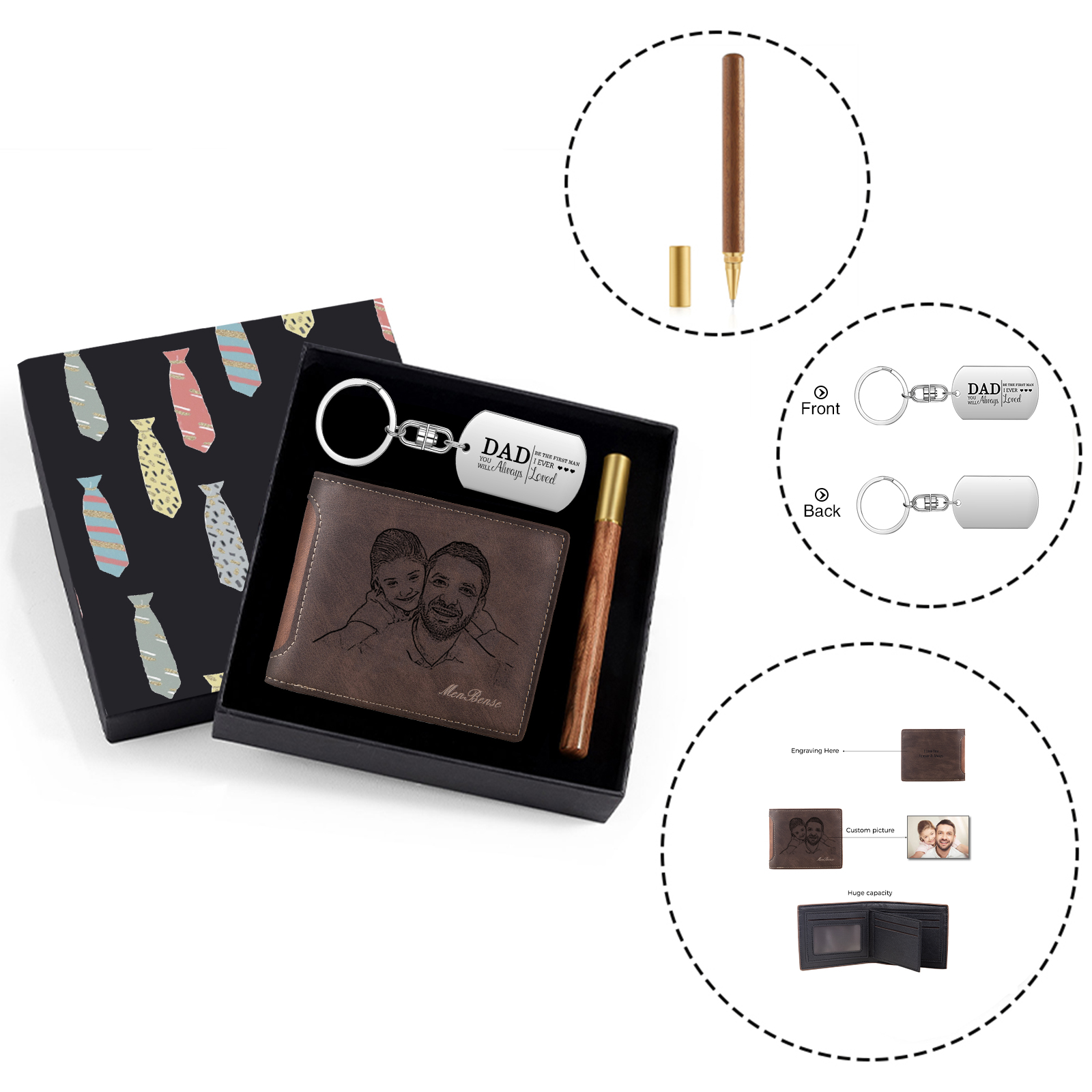 Personalized Leather Wallet Gift Box Set with Keychain Customizable Photo and Text Wallet Gift for Dad