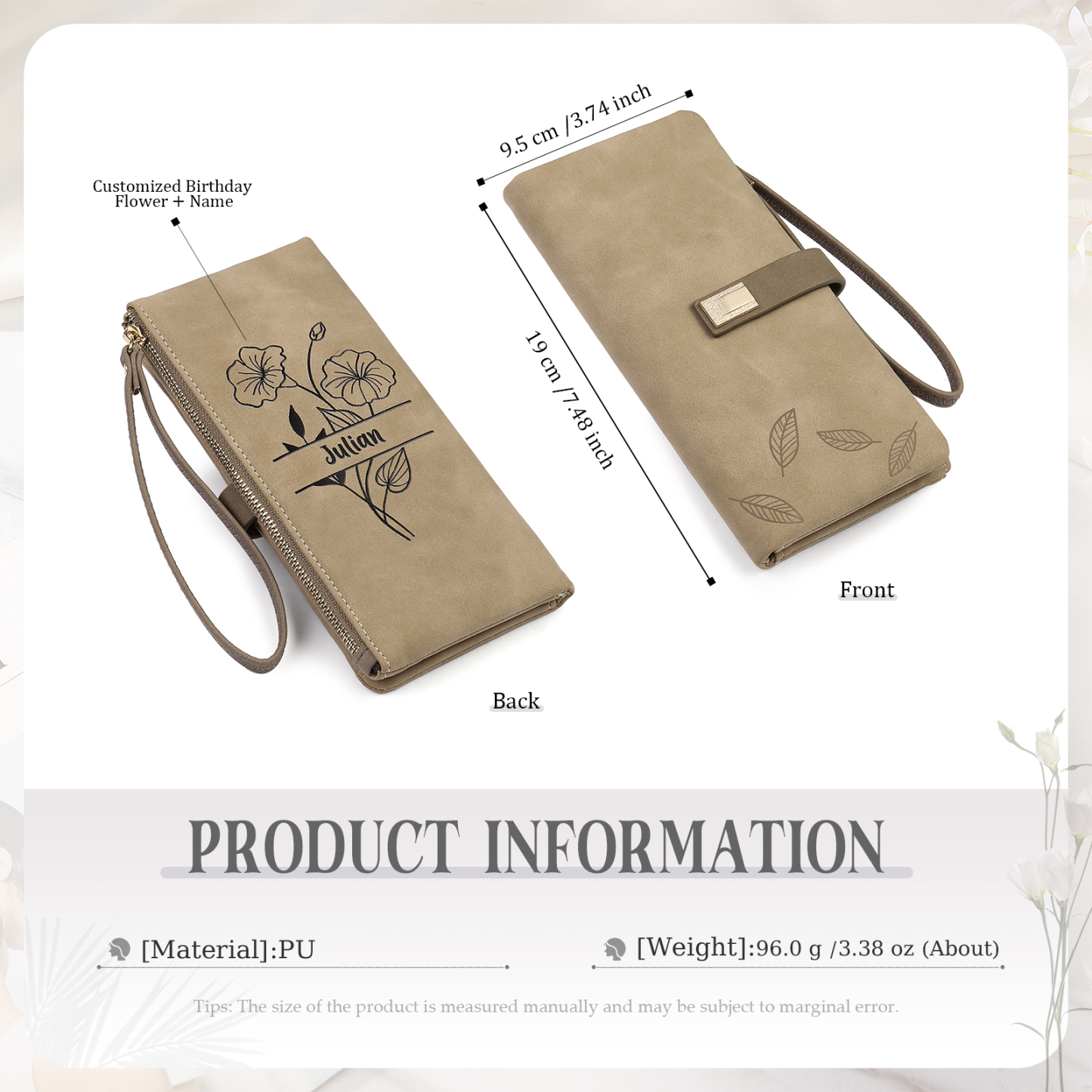 Personalized Women's Wallet Customized Birth Flower and Name Zipper Women's Wallet