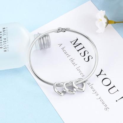 Custom Engraved 5 Names Heart Charms Prsonalised Bangle Bracelet for Women 