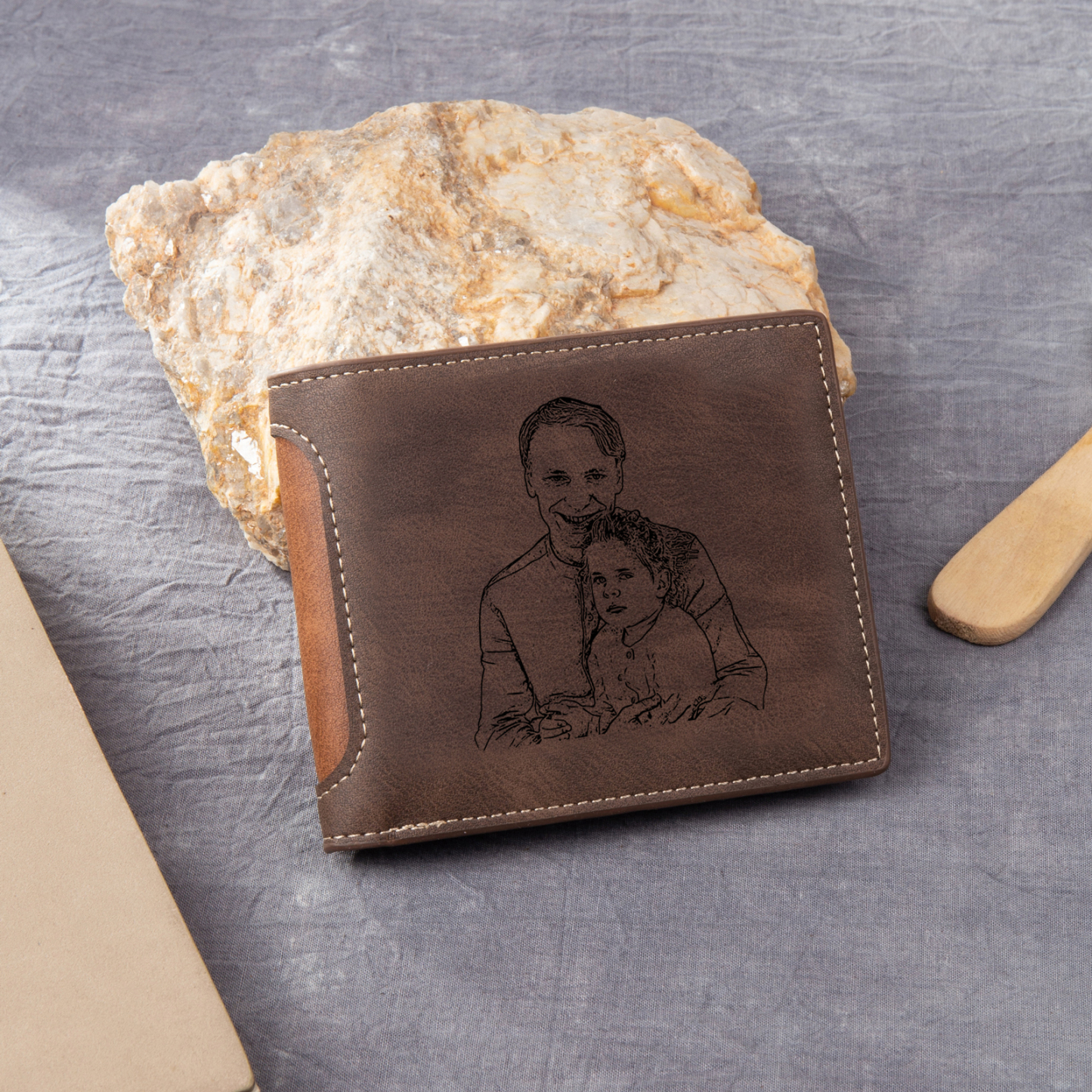 6 Names - Personalized Photo Custom Leather Men's Folding Wallet as a Father's Day Gift for Dad