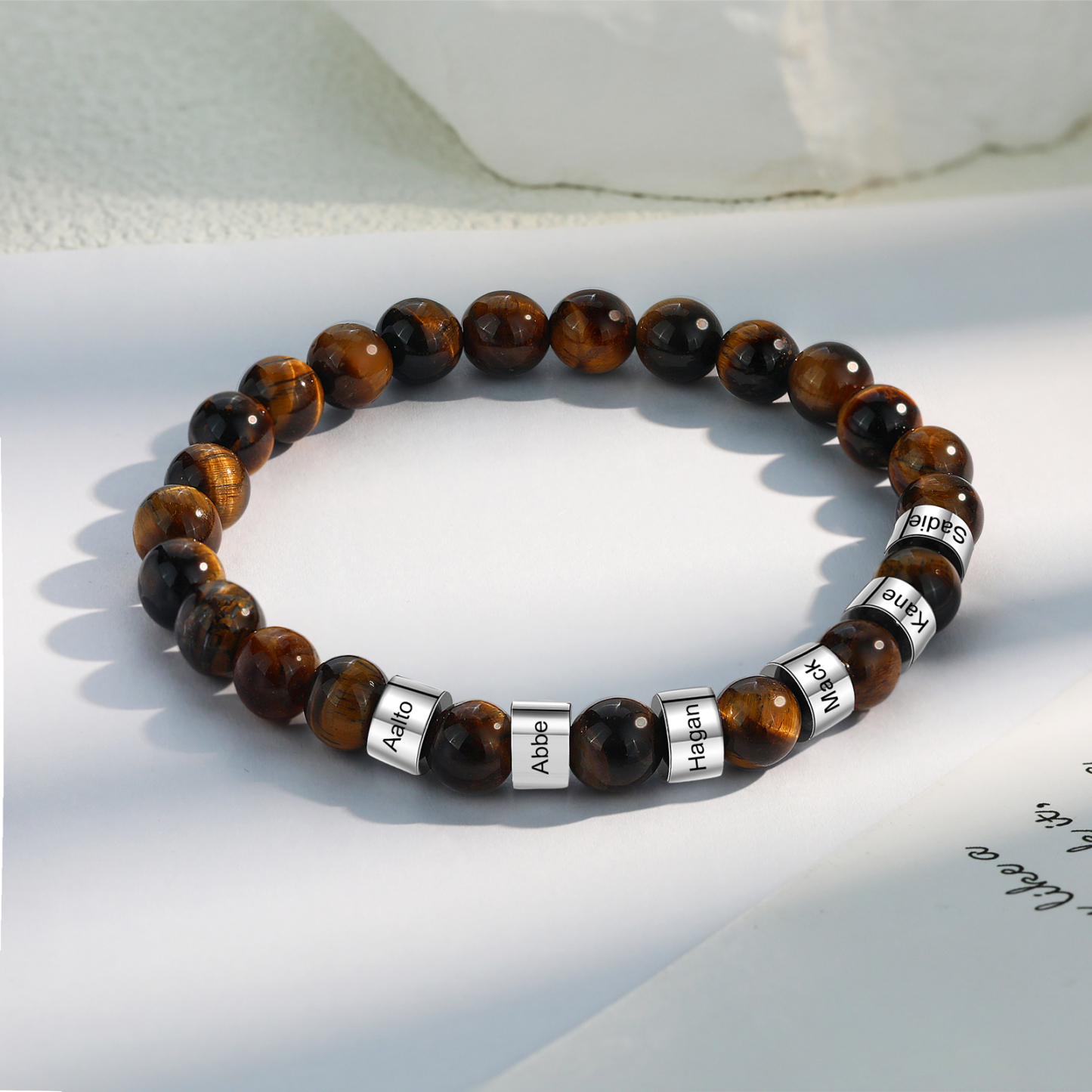 Brown Tiger Eye Bracelet Personalized Men's 6 Names Bracelet Gift For him