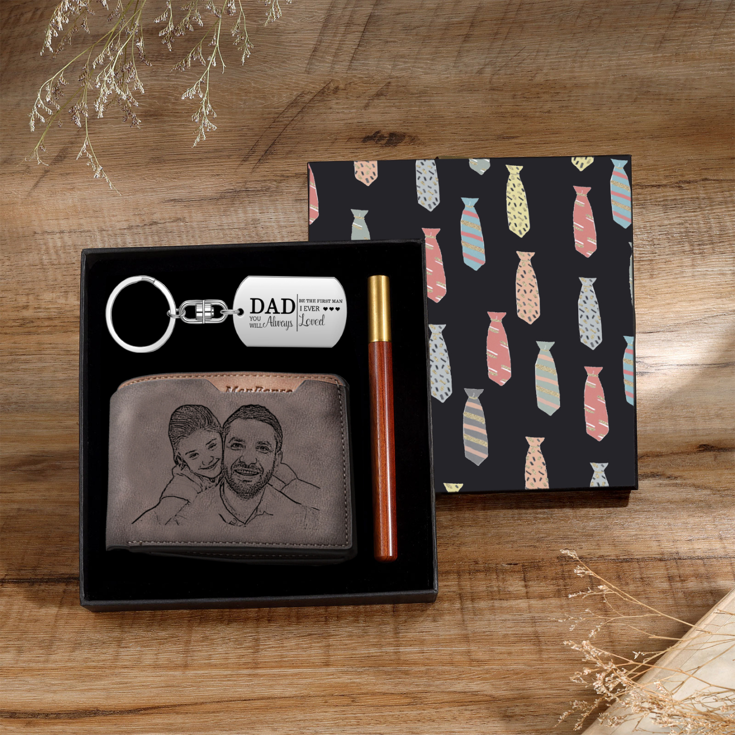 Personalized Leather Wallet Gift Box Set with Keychain Customizable Photo and Text Wallet Gift for Dad