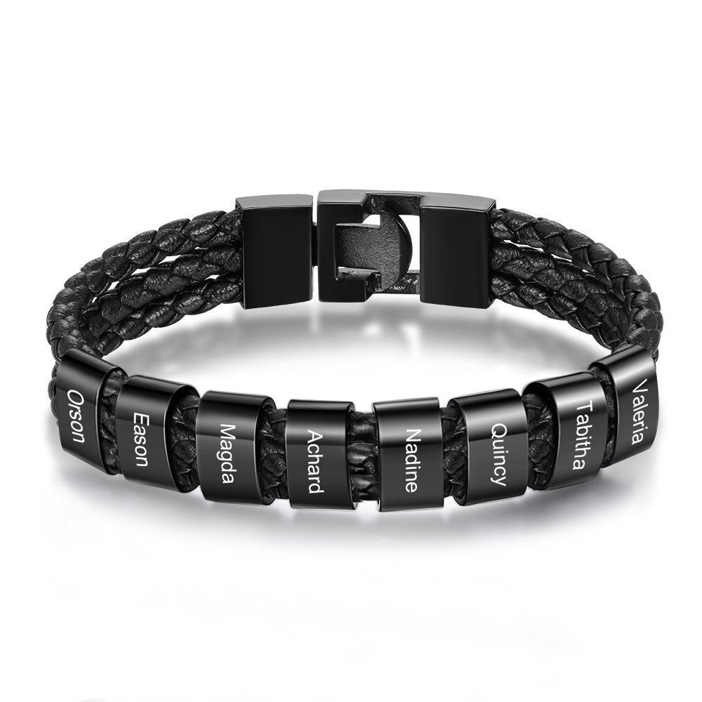 Personalized Braided Leather Bracelet Engraved 8 Names Men's Bracelet Gifts For Him