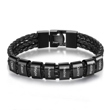 Personalized Braided Leather Bracelet Engraved 8 Names Men's Bracelet Gifts For Him