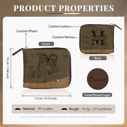 Photo Personalized Leather Zipper Men's Wallet Customized Name Letter Folding Wallet Three Colors Available with Gift Box for Dad