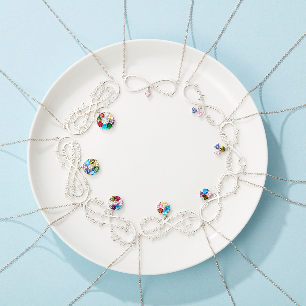 Personalized Infinity Necklace With 7 Birthstones Engraved Names Necklace Gift For Women