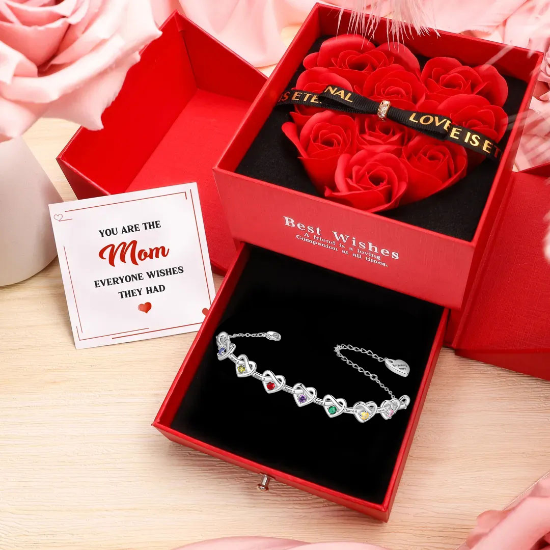 2-8 Names-Personalized Linked Heart Bracelet With 3 Birthstones Engraved Names And Text Bangle For Her | Jessemade