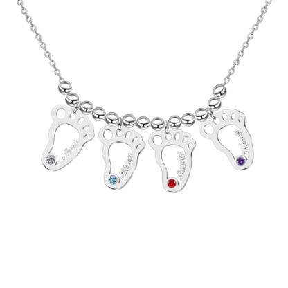 Personalized Baby Foot Engraved 4 Names Birthstones Necklace Gift For Mother