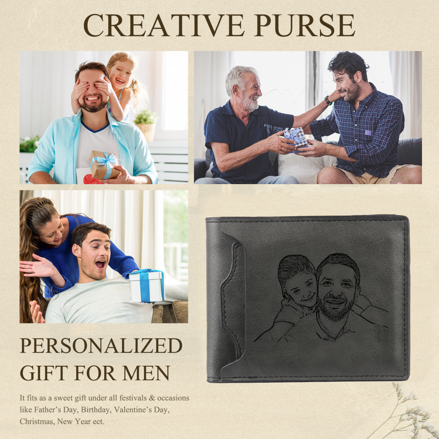 Personalized Leather Wallet Gift Box Set with Keychain Customizable Photo,Text ,Name and Letter Wallet Gift for Him