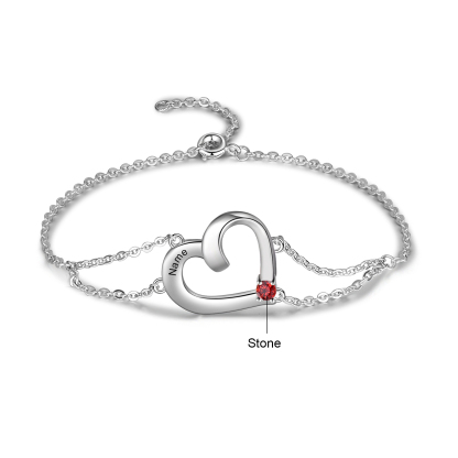 Personalized Heart Bracelet With 1 Birthstone Engraved Names Gift For Women