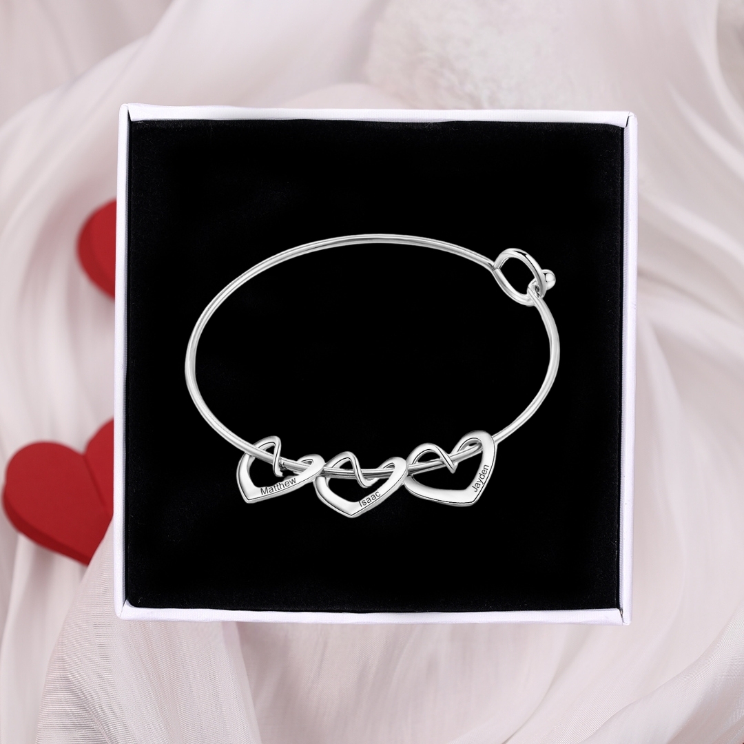 3 Names-Personalized Love Bracelet with 3 Heart Charms Engraved Name Bangle Bracelet