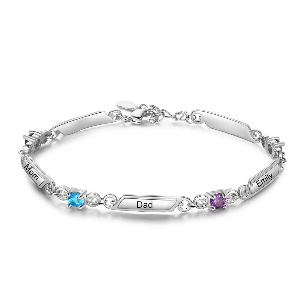 Personalized Family Name Bracelet With 1 Birthstones Engraved Names Gift For Her