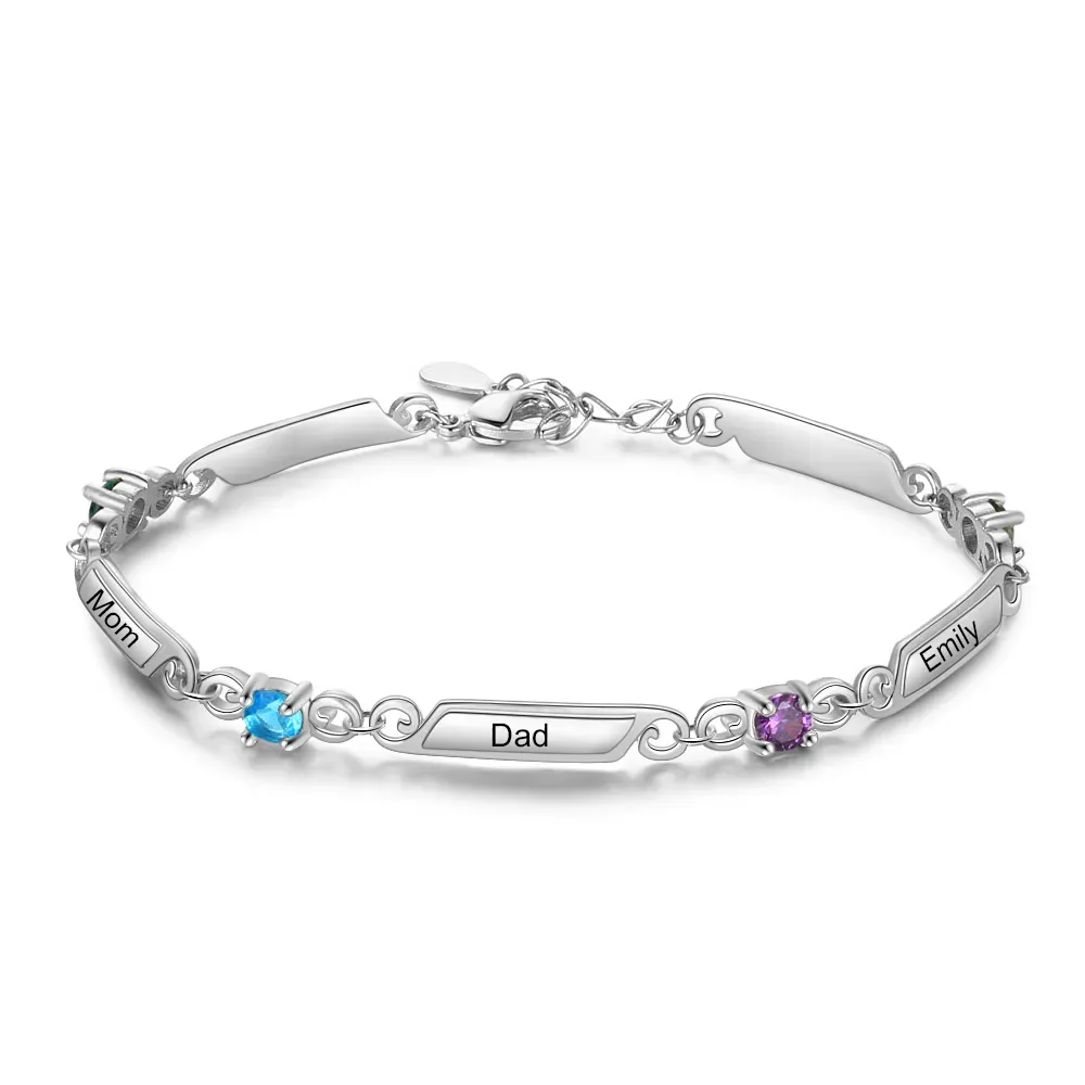 Personalized Family Name Bracelet With 1 Birthstones Engraved Names Gift For Her