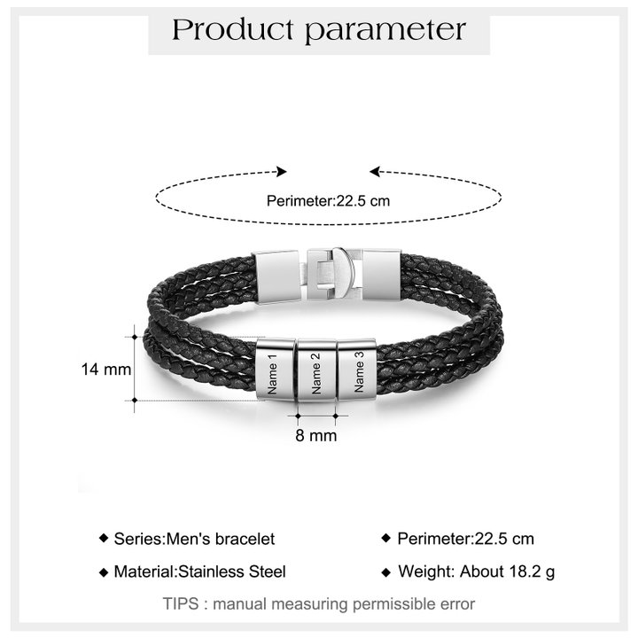 Personalized Braided Leather Bracelet Engraved 3 Names Men's Bracelet Gifts For Him