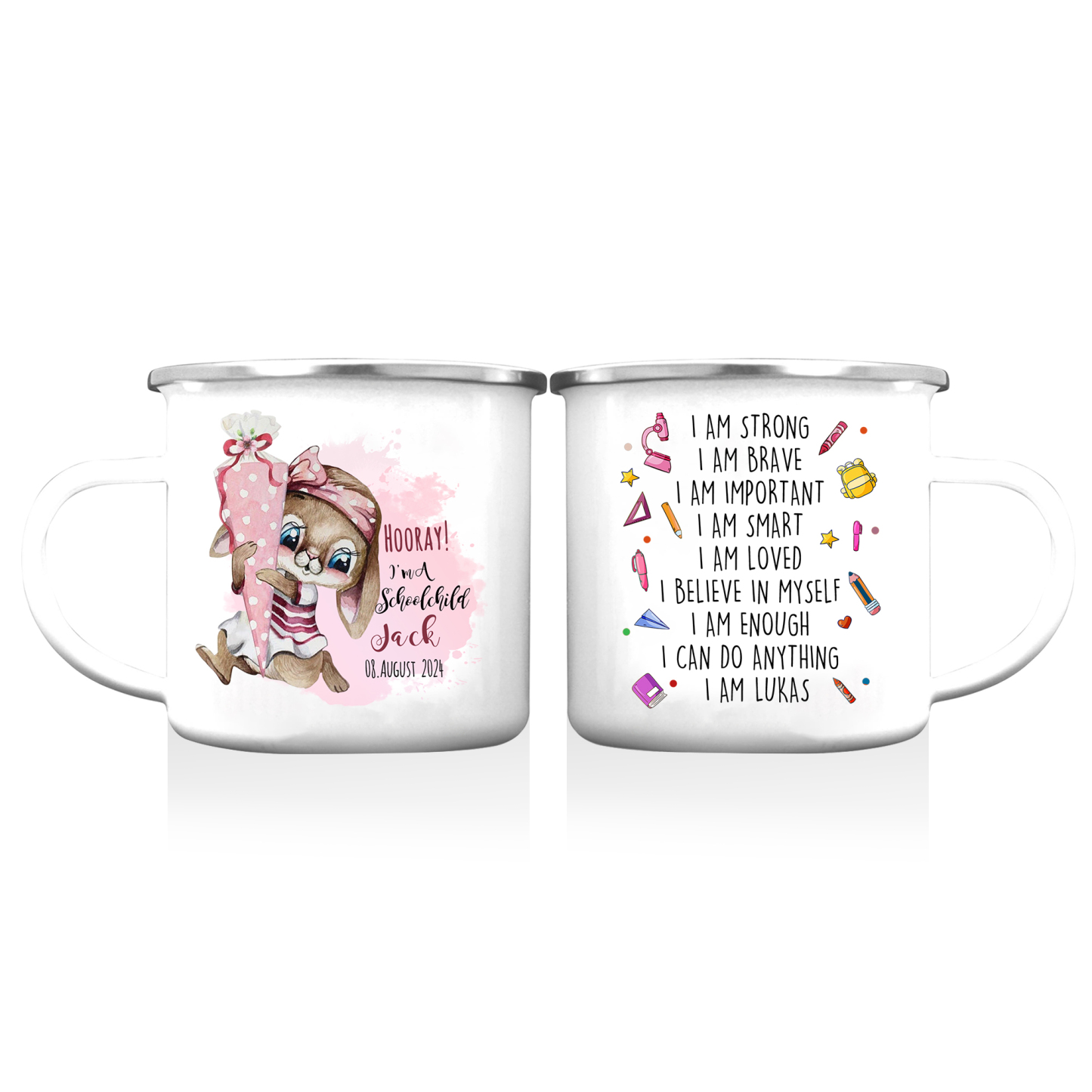 Personalized Name And Date Enamel Mug Bunny Pattern Back To School Gift For Kid