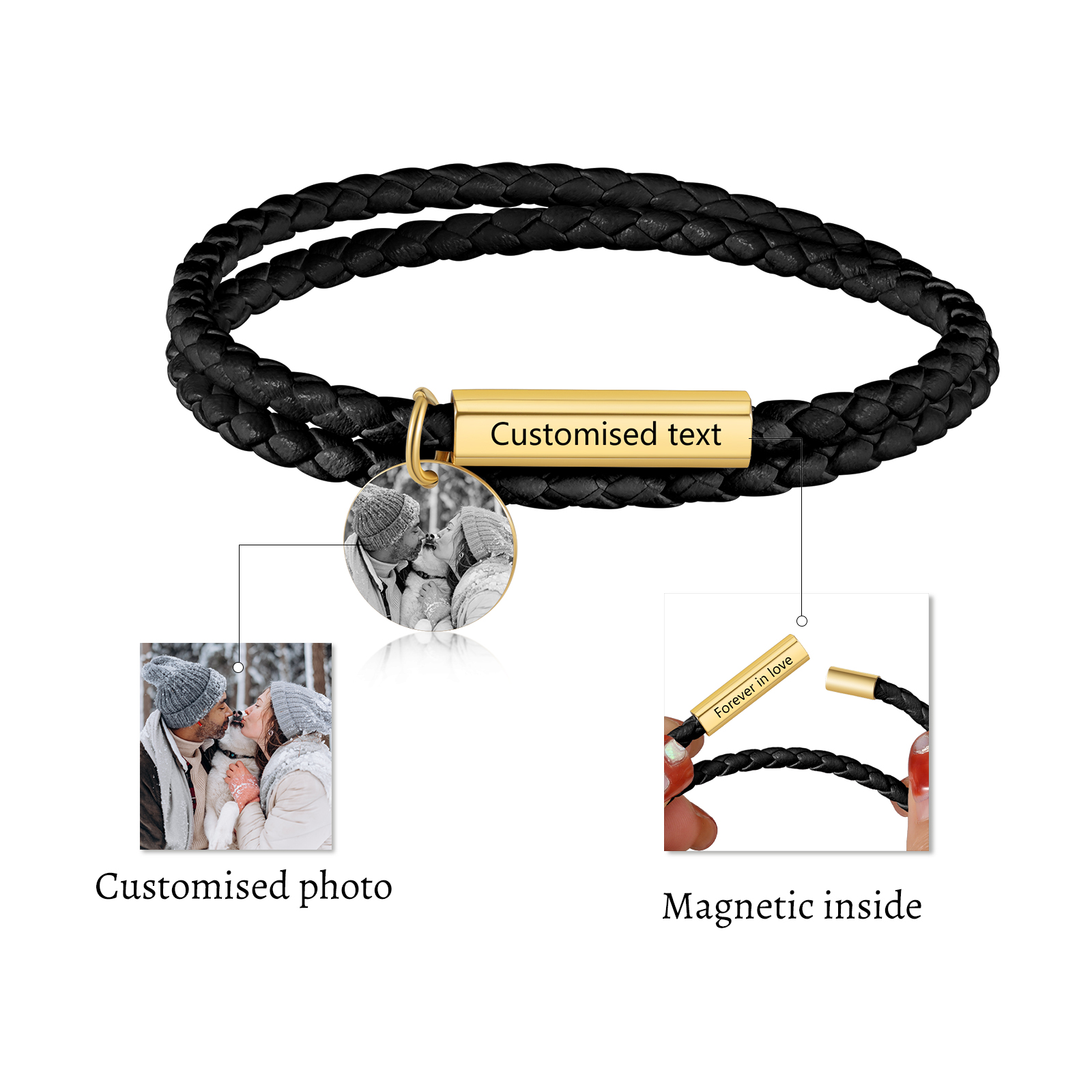 Personalized Text Leather Bracelet Custom Photo EngravedStainless Steel Bracelet Personalized Gift for Him/Her