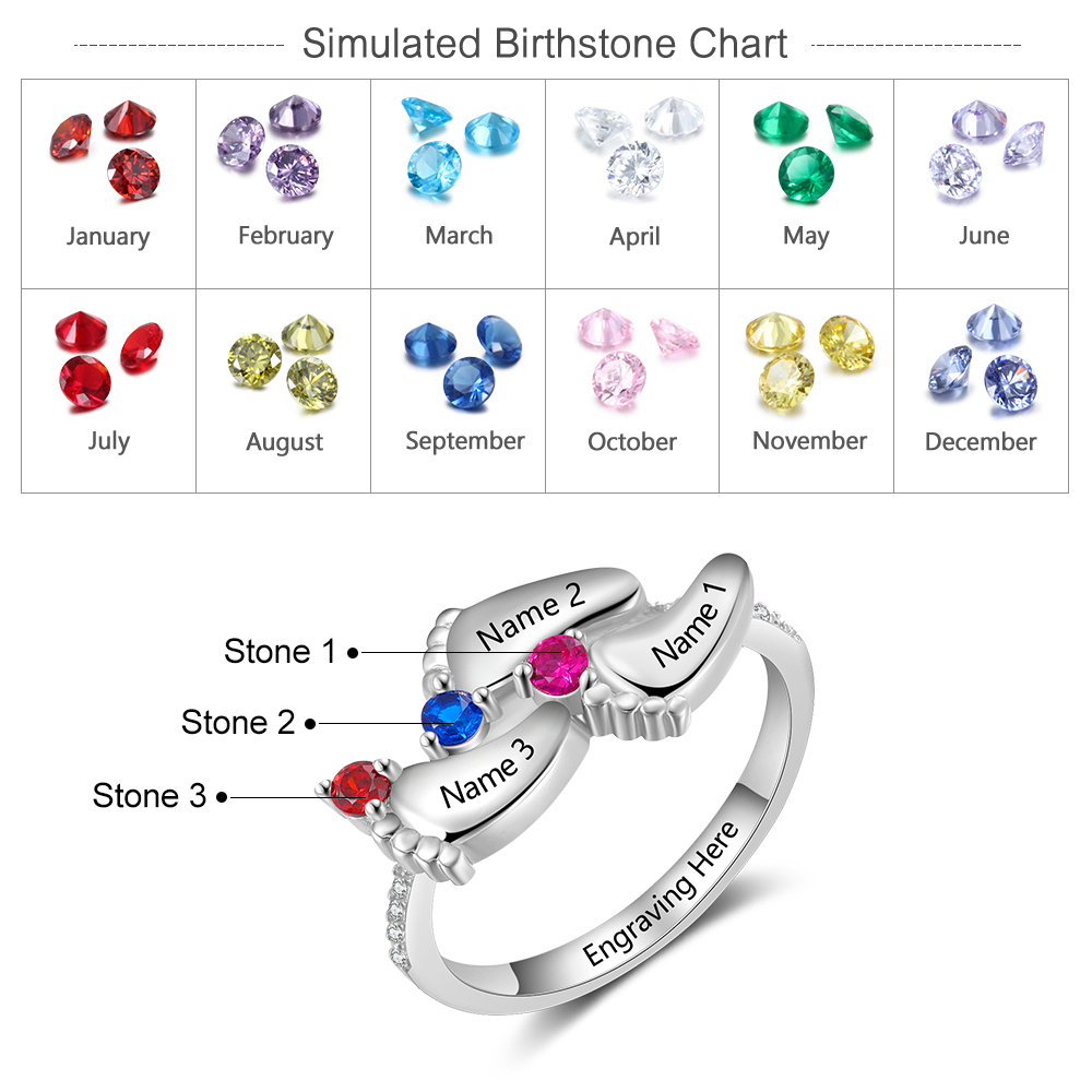 Personalized Baby Foot 925 Sliver Ring With 3 Birthstones Engraved Names Ring Gift For Women