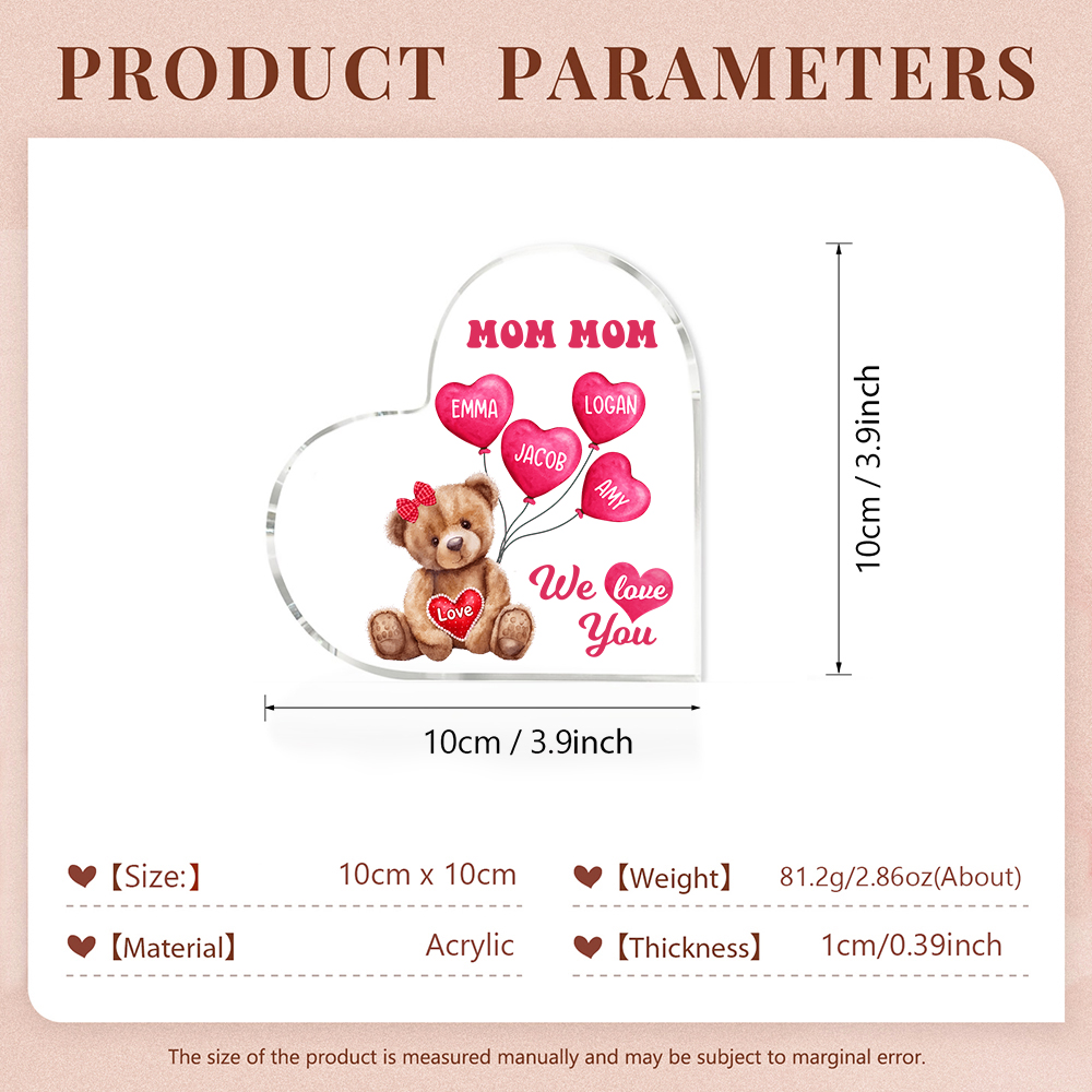 4 Names-Personalized Bear Acrylic Heart Keepsake Custom Text Acrylic Plaque Ornaments Gifts for Mom