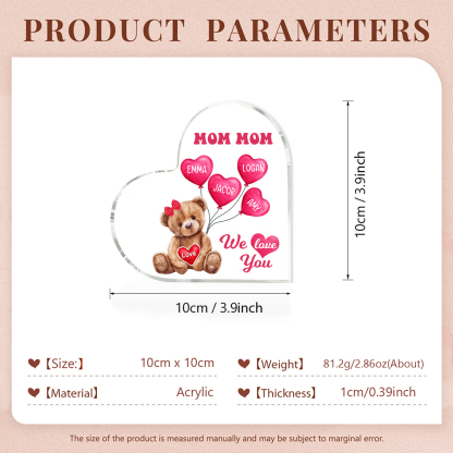 4 Names-Personalized Bear Acrylic Heart Keepsake Custom Text Acrylic Plaque Ornaments Gifts for Mom