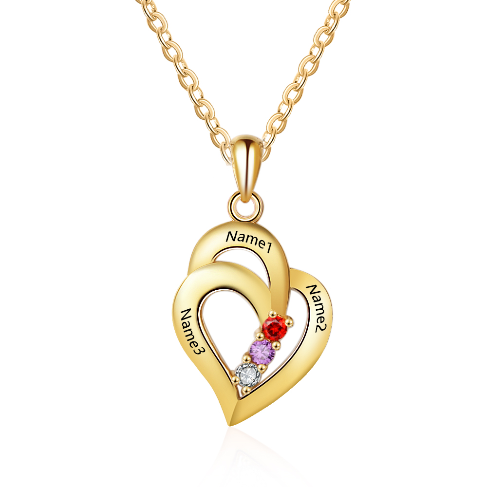 Personalized Heart S925 Necklace With 3 Birthstones Engraved Names Gift For Her