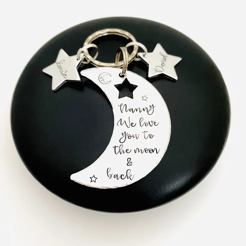 Personalized Nanny Keychain Custom 1 Name Moon and Star Keyring "we love you to the moon & back" for Her