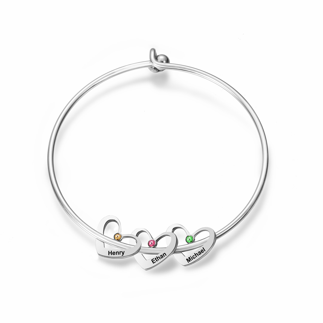 Personalized Heart Bangle With 3 Names and Birthstones Bangle Bracelet Mother's Day Gifts For women