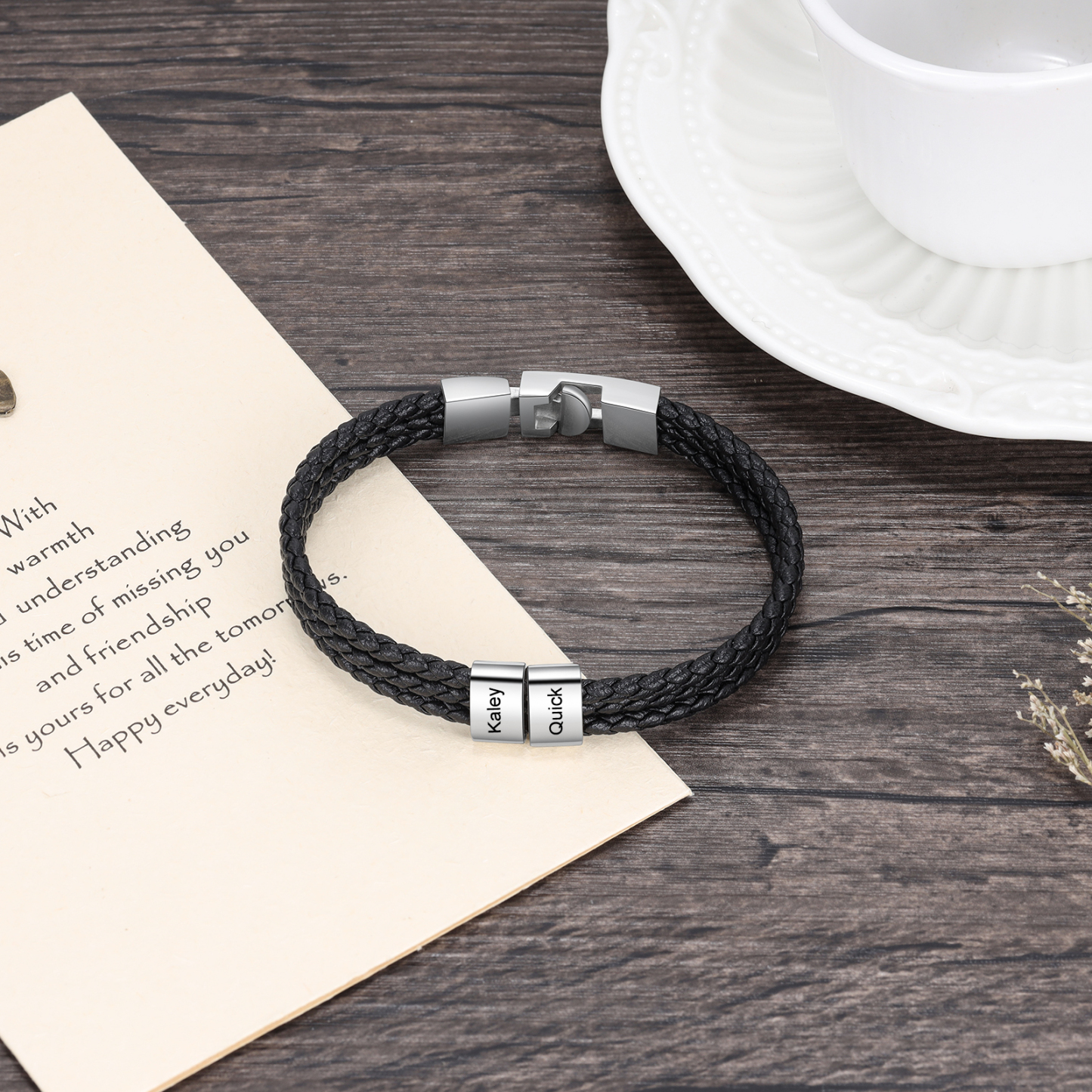 Personalized Braided Leather Bracelet Engraved 2 Names Men's Bracelet Gifts For Him