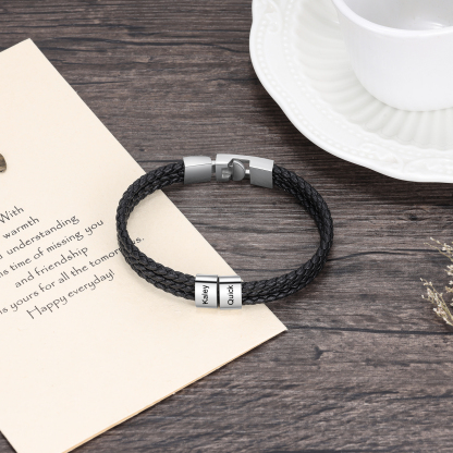 Personalized Braided Leather Bracelet Engraved 2 Names Men's Bracelet Gifts For Him