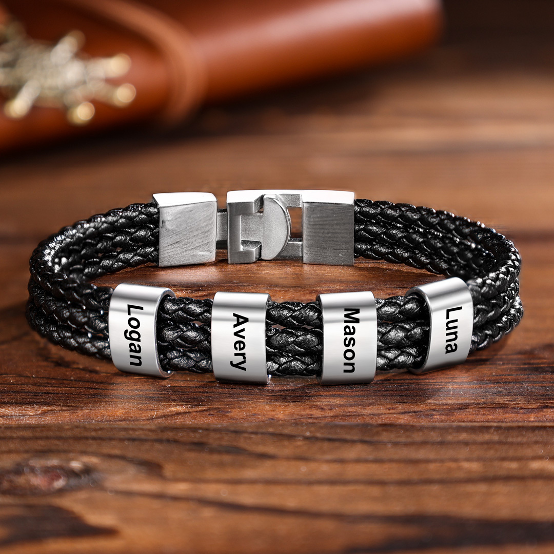 Personalized Braided Leather Bracelet Engraved 5 Names Men's Bracelet Gifts For Him