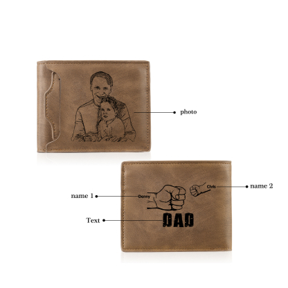 2 Names - Personalized Photo Custom Leather Men's Folding Wallet as a Father's Day Gift for Dad