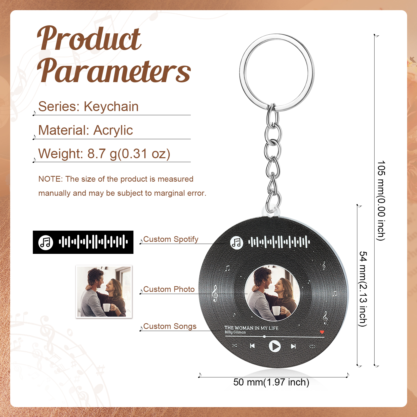 Personalised Keyring with 1 Photo, 1 Text, and Spotify Code – Unique Design to Treasure Your Special Moments, Valentine’s Day Gift for Couple | Jessemade