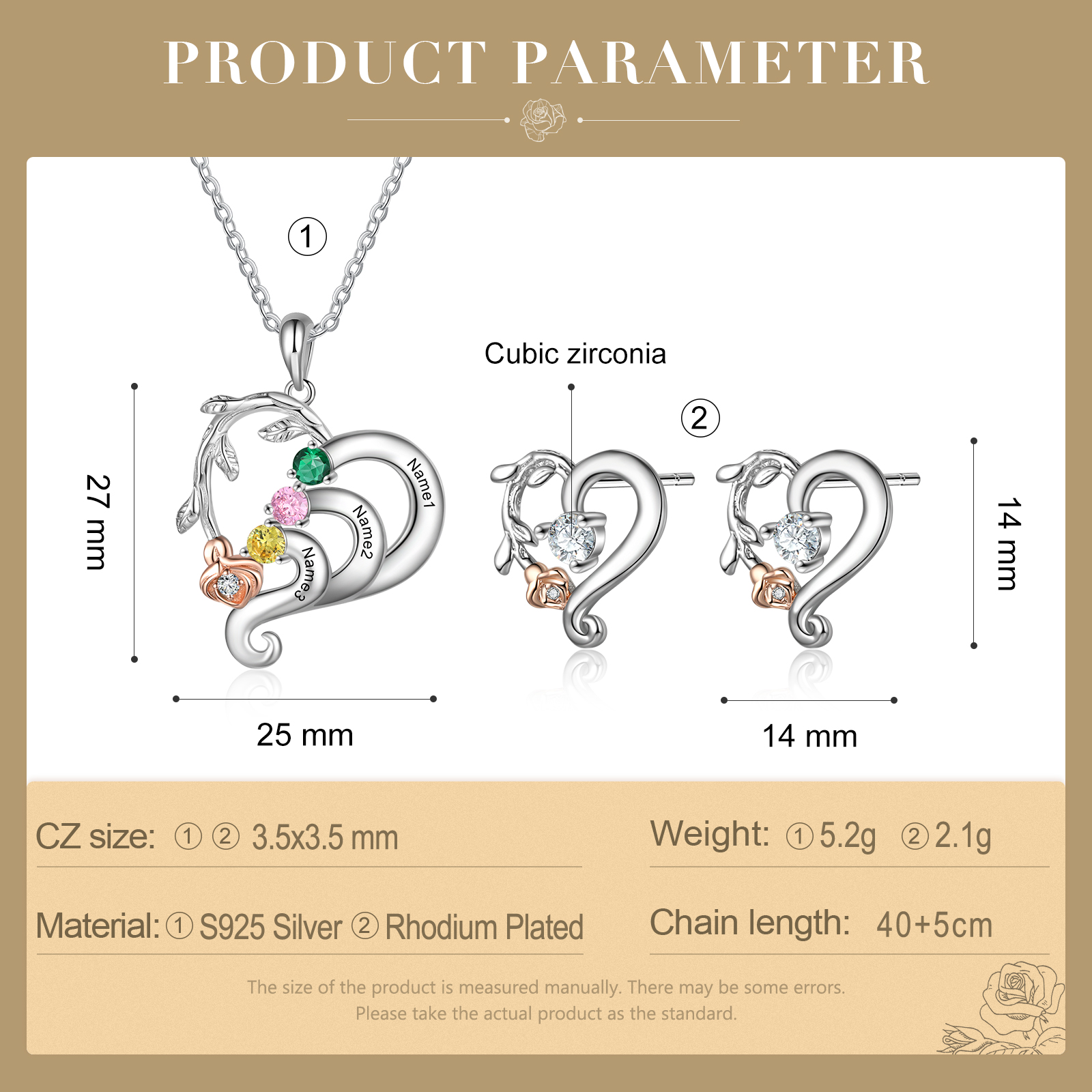 Personalized Rose Flower Heart Necklace With 3 Birthstones And Earring Custom Names Necklace For Her