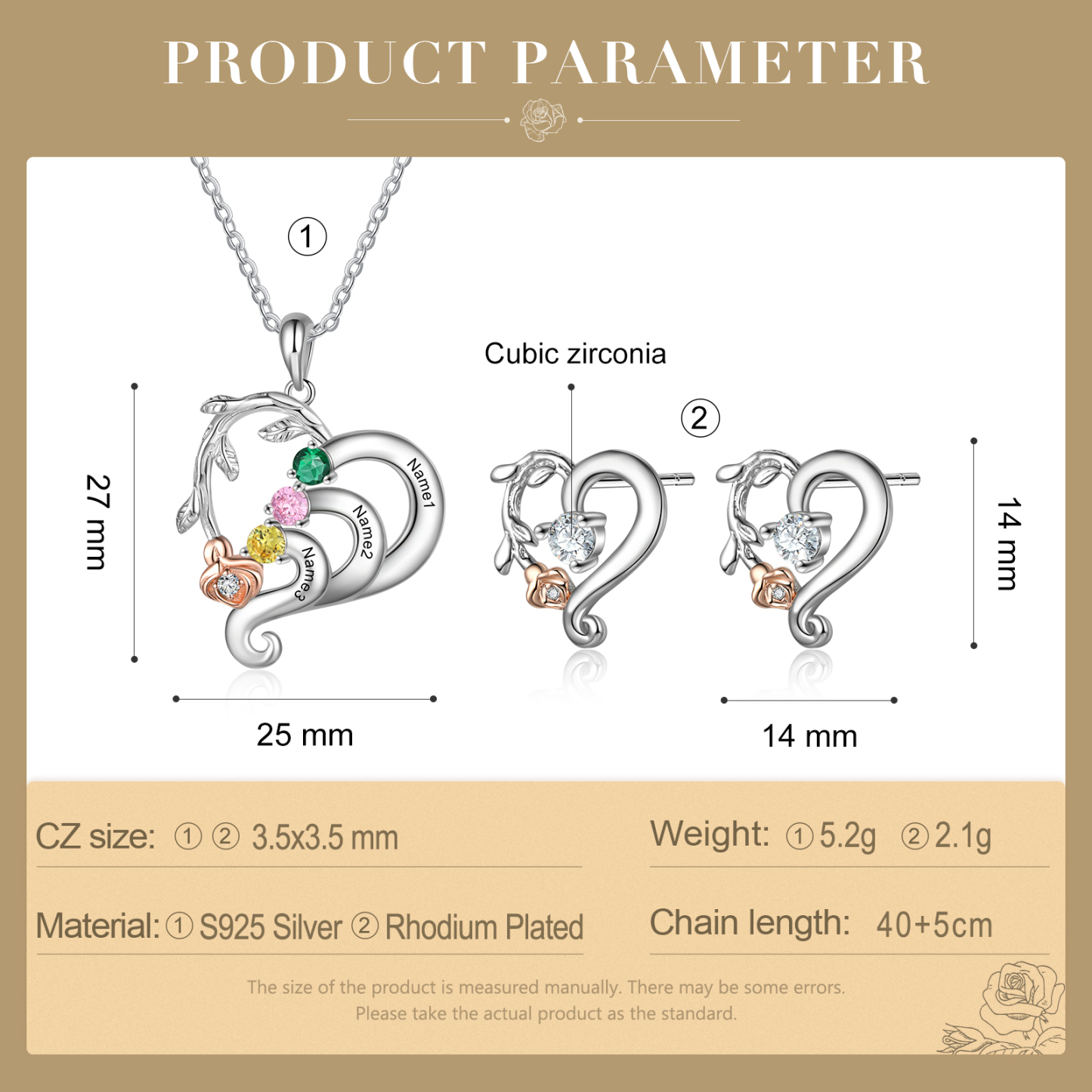 Personalized Rose Flower Heart Necklace With 3 Birthstones And Earring Custom Names Necklace For Her