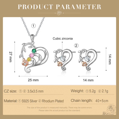 Personalized Rose Flower Heart Necklace With 3 Birthstones And Earring Custom Names Necklace For Her