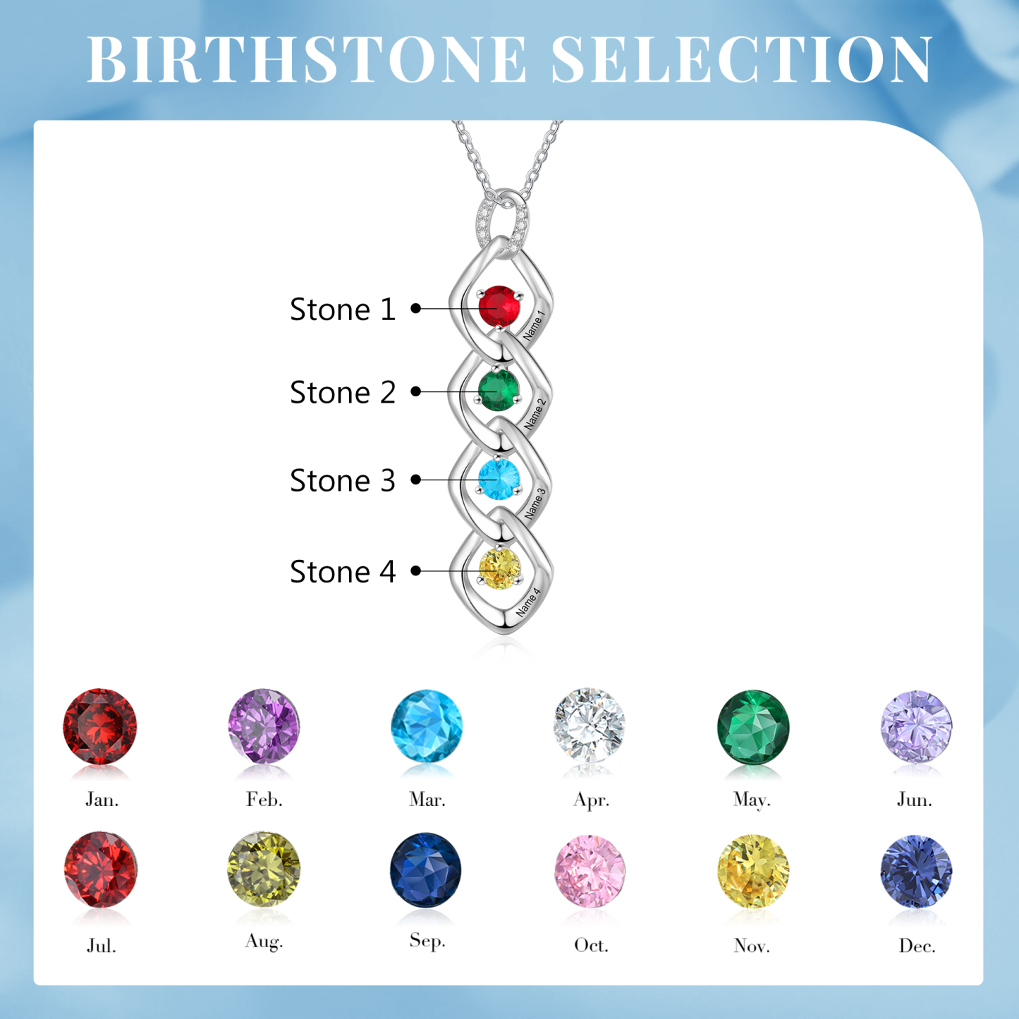4 Names - Personalized Birthstone Necklace With Name Engraved For A Special Gift For Mom/Grandma