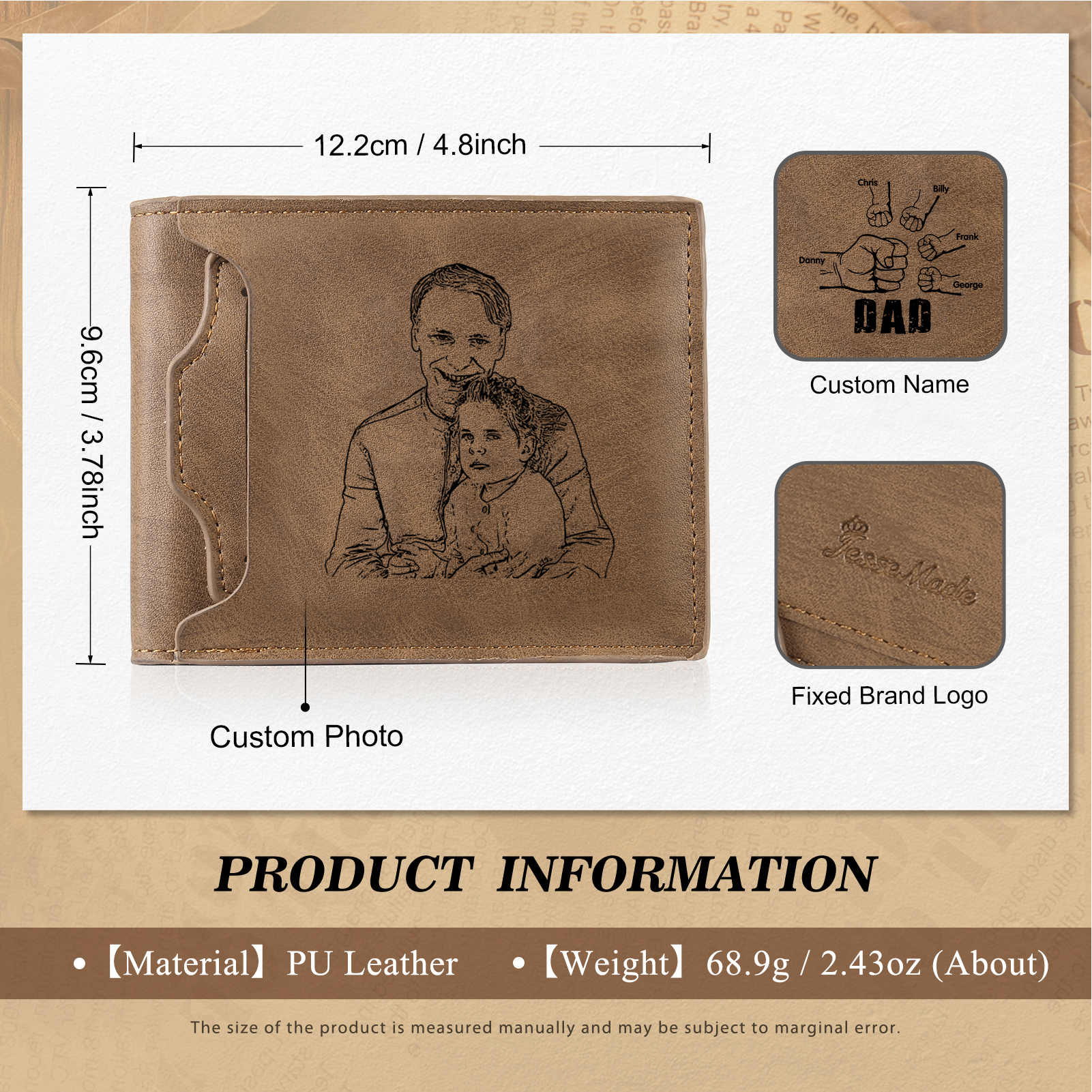 5 Names - Personalized Photo Custom Leather Men's Folding Wallet as a Father's Day Gift for Dad
