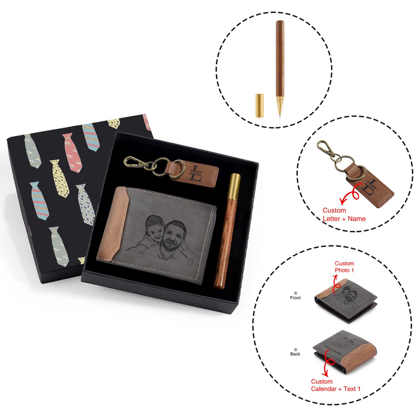 Personalized Leather Wallet Gift Box Set with Letter Name Keychain Customizable Photo and Text Wallet Gift for Him