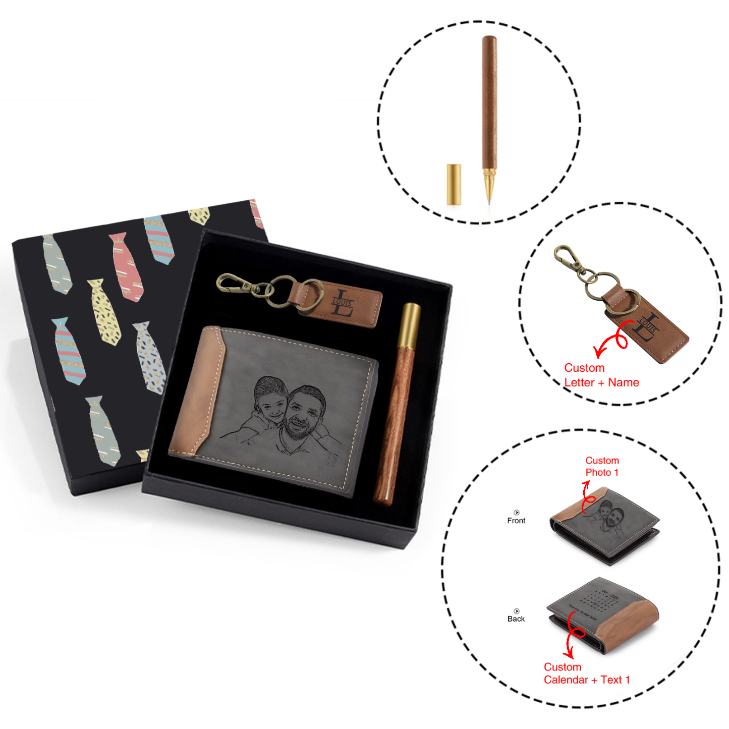 Personalized Leather Wallet Gift Box Set with Letter Name Keychain Customizable Photo and Text Wallet Gift for Him