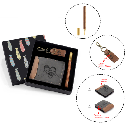 Personalized Leather Wallet Gift Box Set with Letter Name Keychain Customizable Photo and Text Wallet Gift for Him