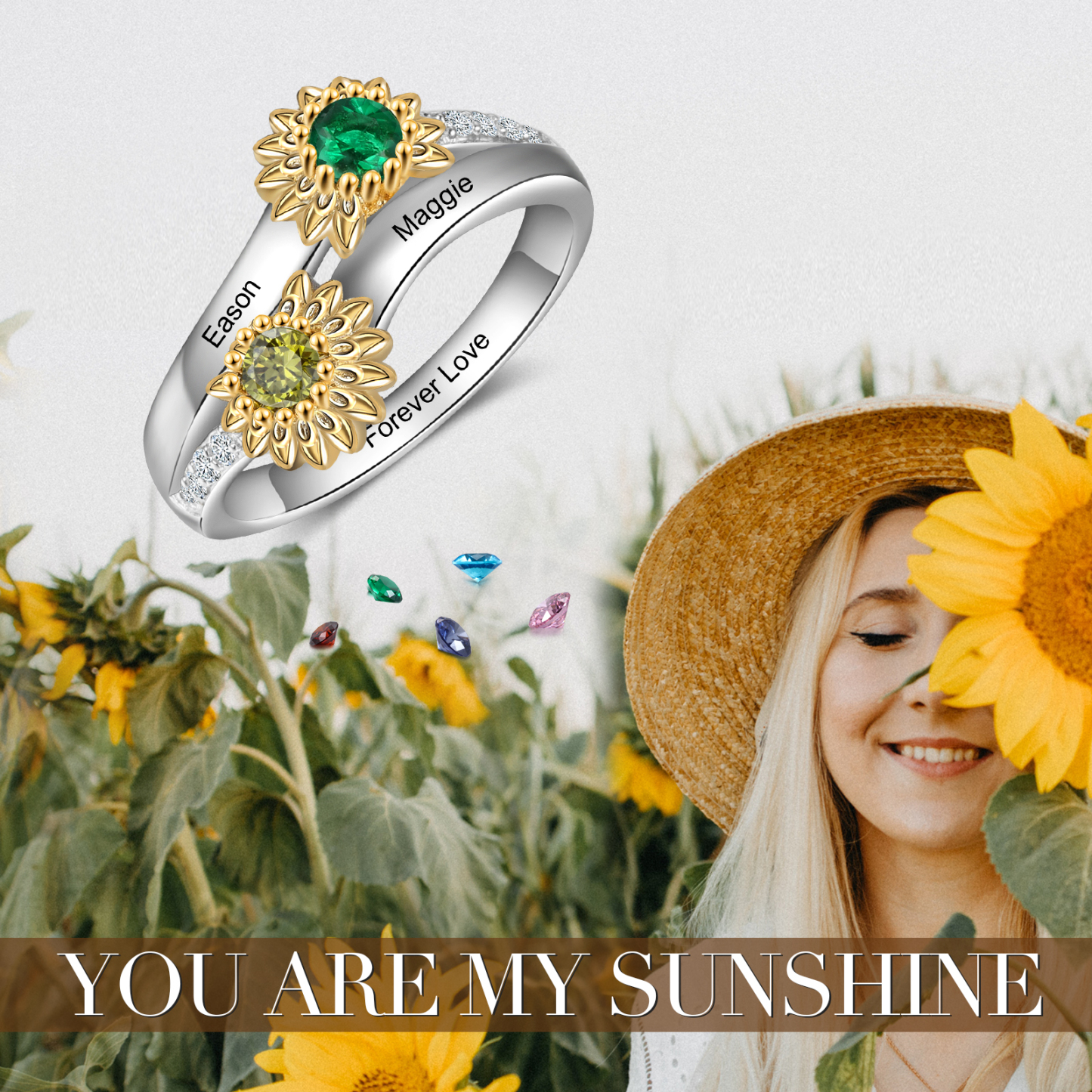 Personalized Sunflower Ring With 2 Birthstones Engraved Names Ring Gift For Women | Jessemade