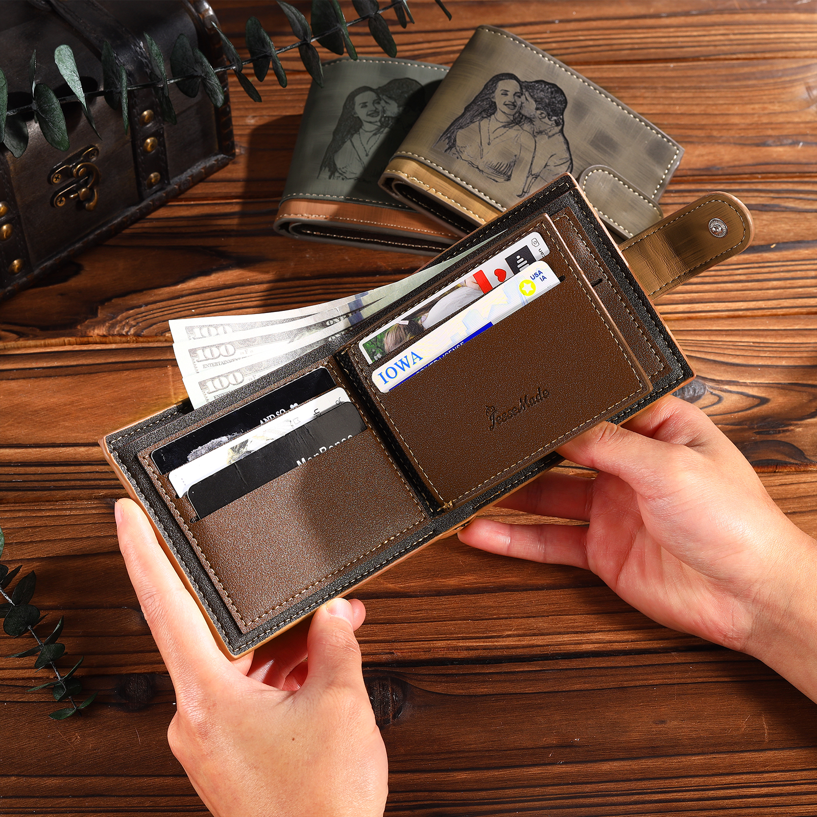 Personalized Name Leather Men's Buckle Wallet With Card Slot Engraved Letter And Photo Gift For Him