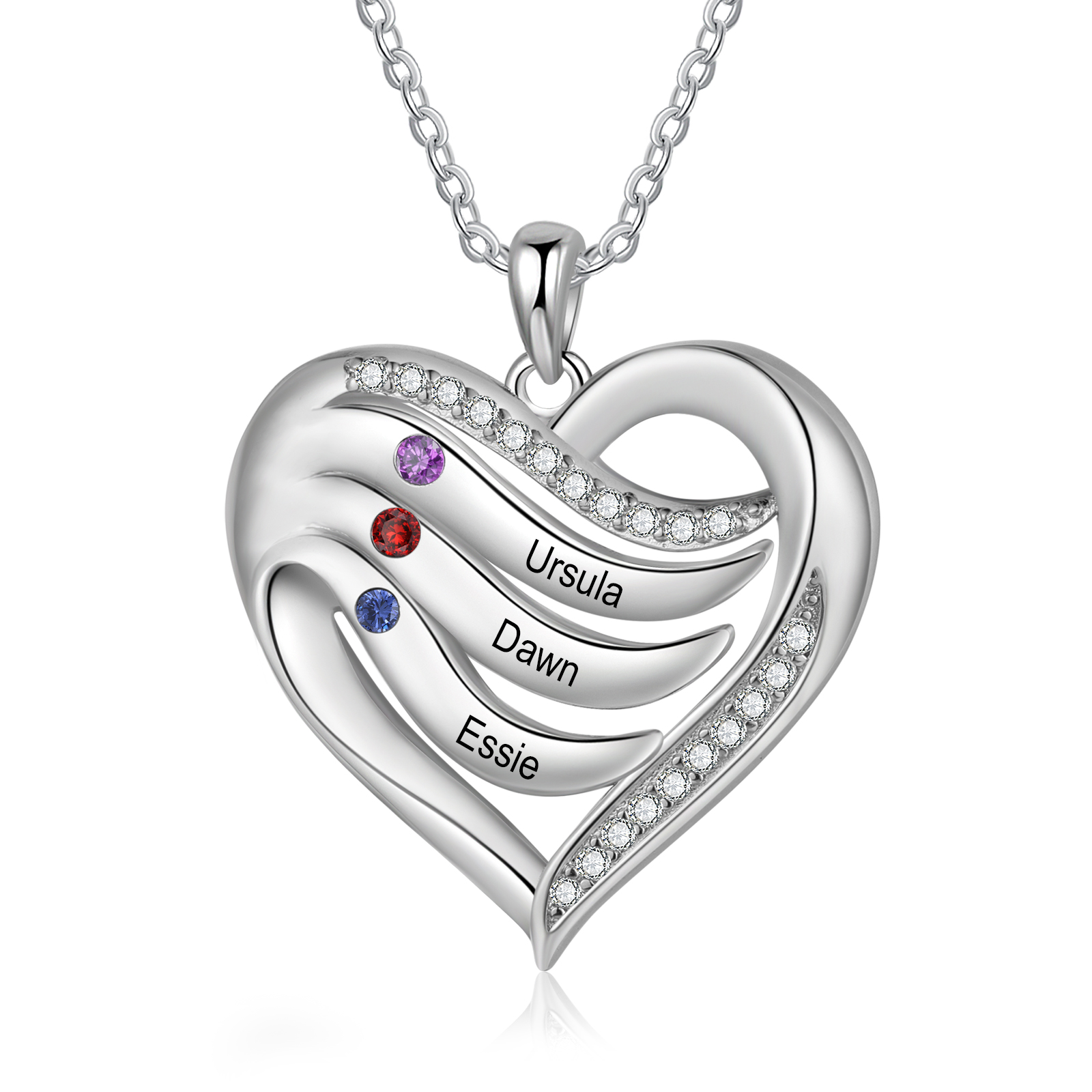 3 Names - Personalized S925 Silver Heart Necklace with Birthstone and Name, Beautiful Gift for Her