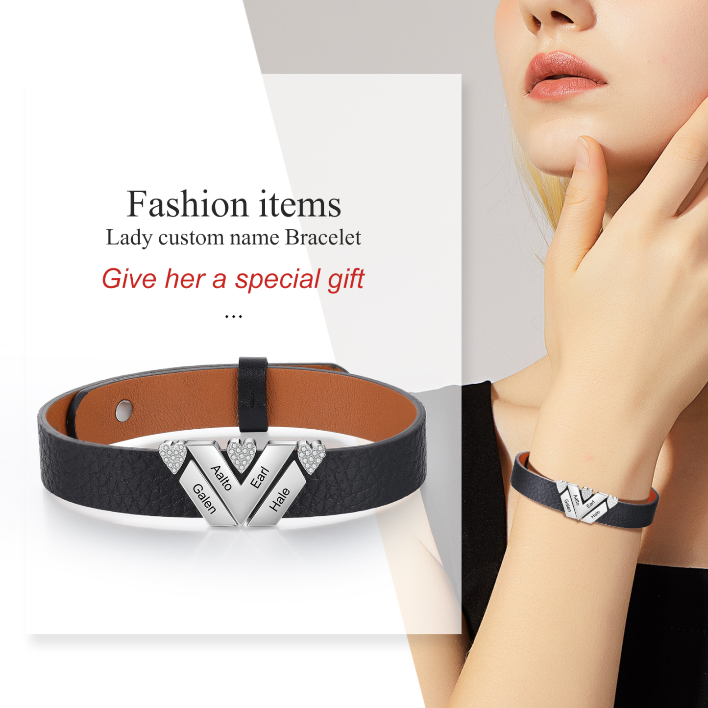 Customized Leather Bracelet with Beads Engraved 4 Names Bangle for Him