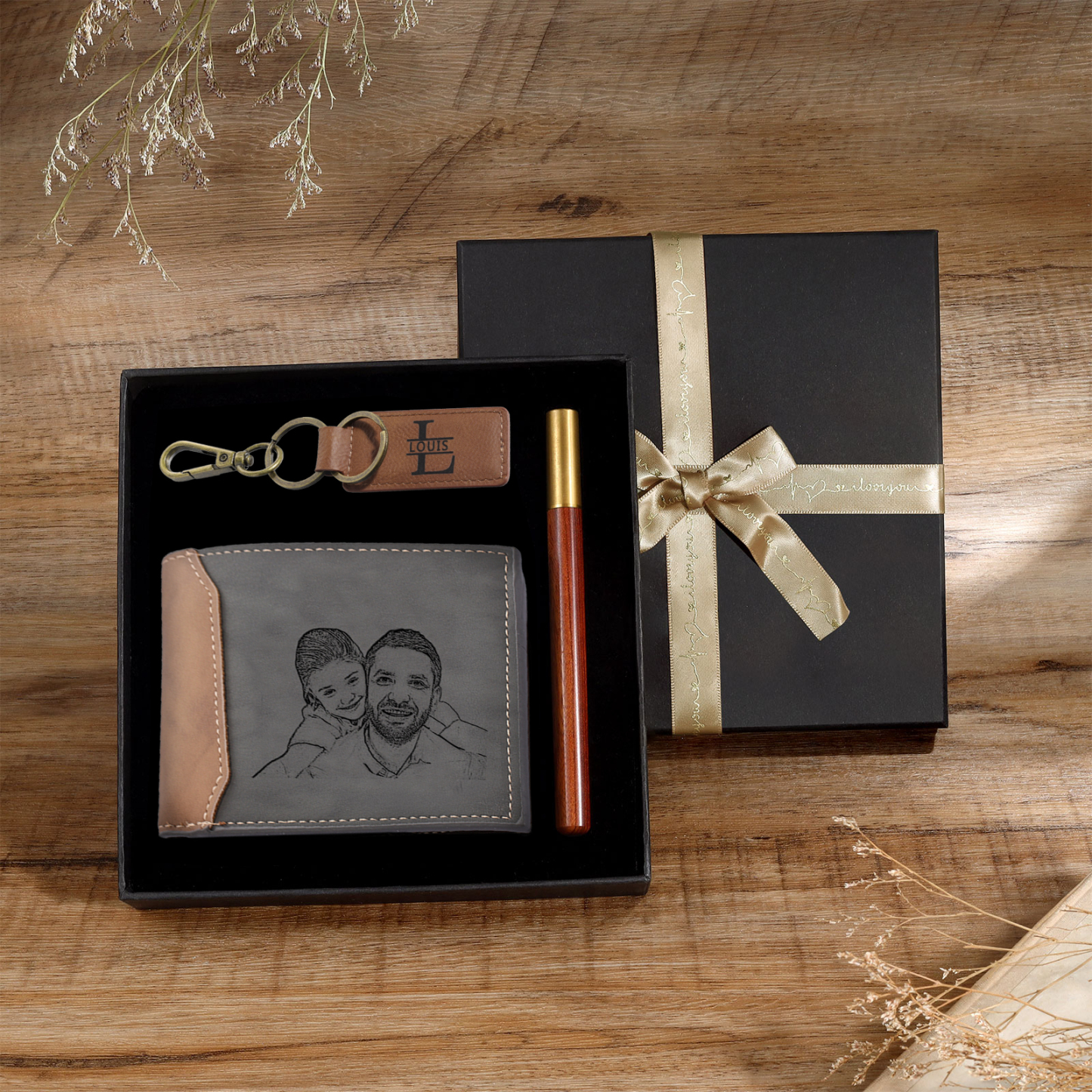 Photo Personalized Leather Wallet Gift Box Set with Keychain Customizable Letter Name and Date Wallet Gift for Him