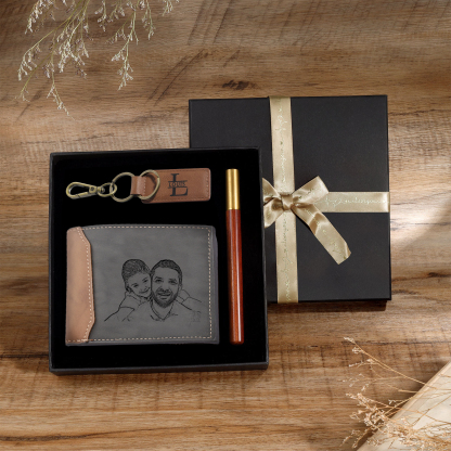 Photo Personalized Leather Wallet Gift Box Set with Keychain Customizable Letter Name and Date Wallet Gift for Him