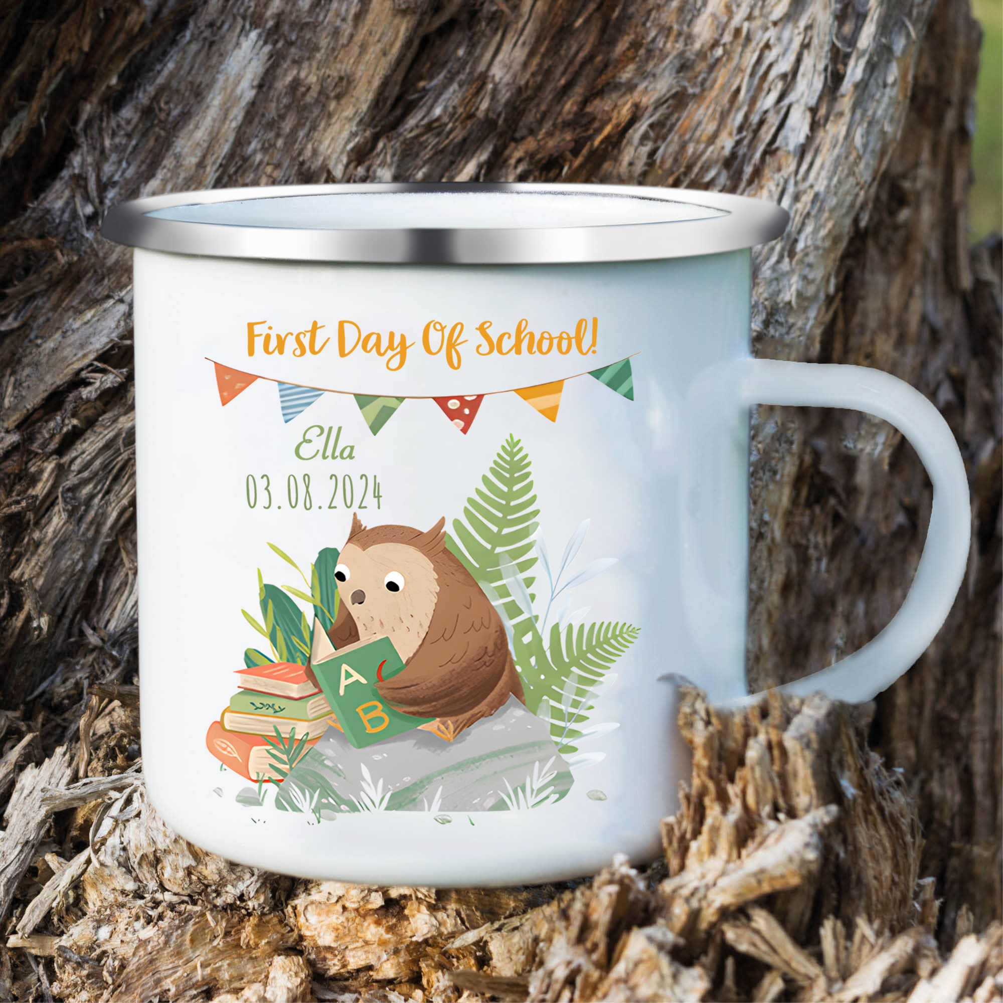 Personalized Name And Date Enamel Mug Children'S Owl Pattern Back To School Gift For Kid